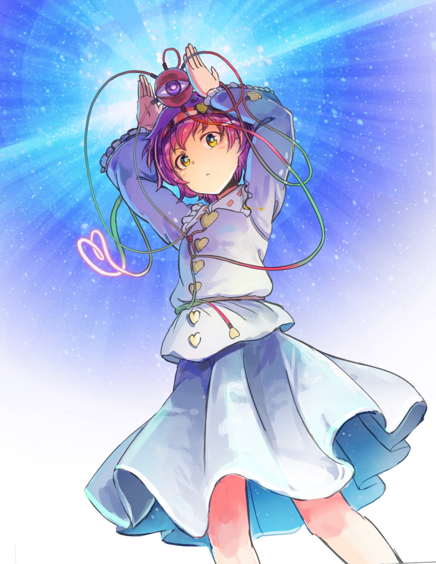 1girl :&lt; absurdres arms_up blouse blue_background blue_blouse blue_skirt bright_pupils buttons closed_mouth commentary de_(hato0125) eyebrows_visible_through_hair feet_out_of_frame frilled_shirt_collar frilled_sleeves frills glowing hair_ornament hairband hands_up heart heart_button heart_hair_ornament heart_of_string highres komeiji_satori long_sleeves looking_at_viewer purple_hair red_hairband ribbon_trim short_hair skirt solo third_eye touhou violet_eyes white_pupils wide_sleeves yellow_eyes