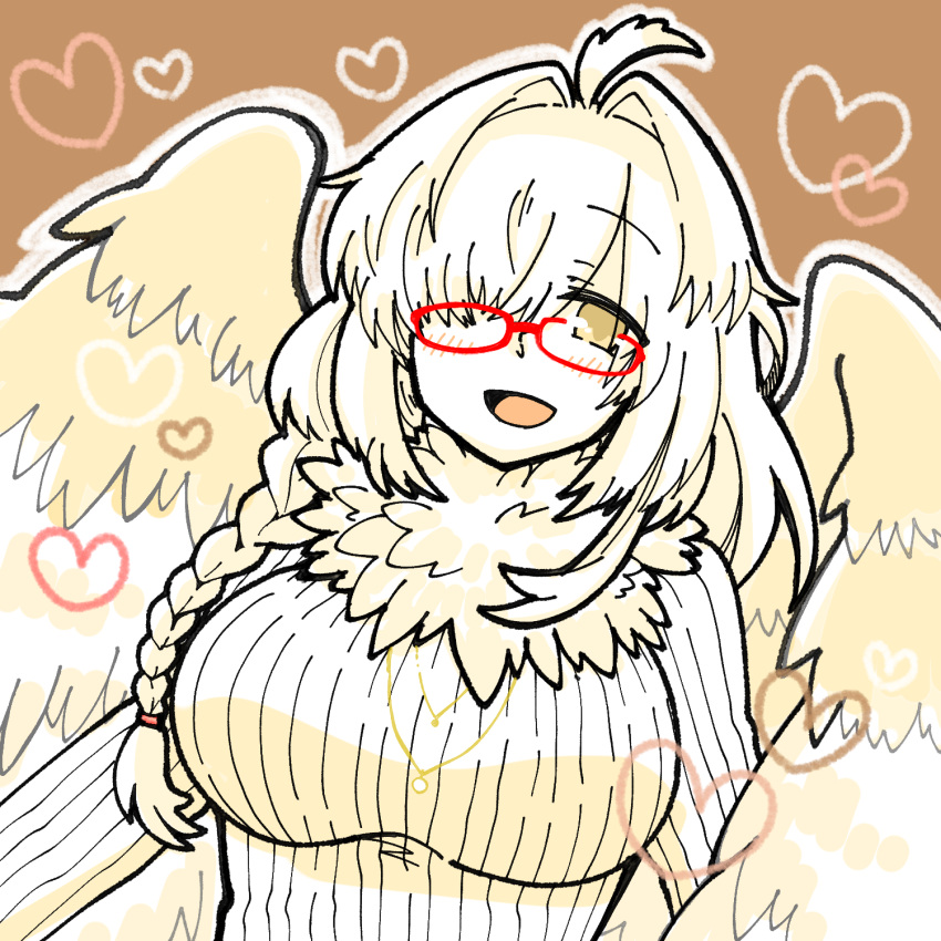 1girl ahoge blush braid breasts commentary_request eyebrows_visible_through_hair feathered_wings feathers glasses hair_intakes hair_over_one_eye harpy heart highres icenekomura jewelry large_breasts long_hair monster_girl neck_ruff necklace one_eye_covered open_mouth red-framed_eyewear solo tokyo_afterschool_summoners white_feathers wings ziz_(housamo)