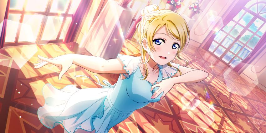 ayase_eli blonde_hair blue_eyes blush dress long_hair love_live!_school_idol_festival_all_stars smile