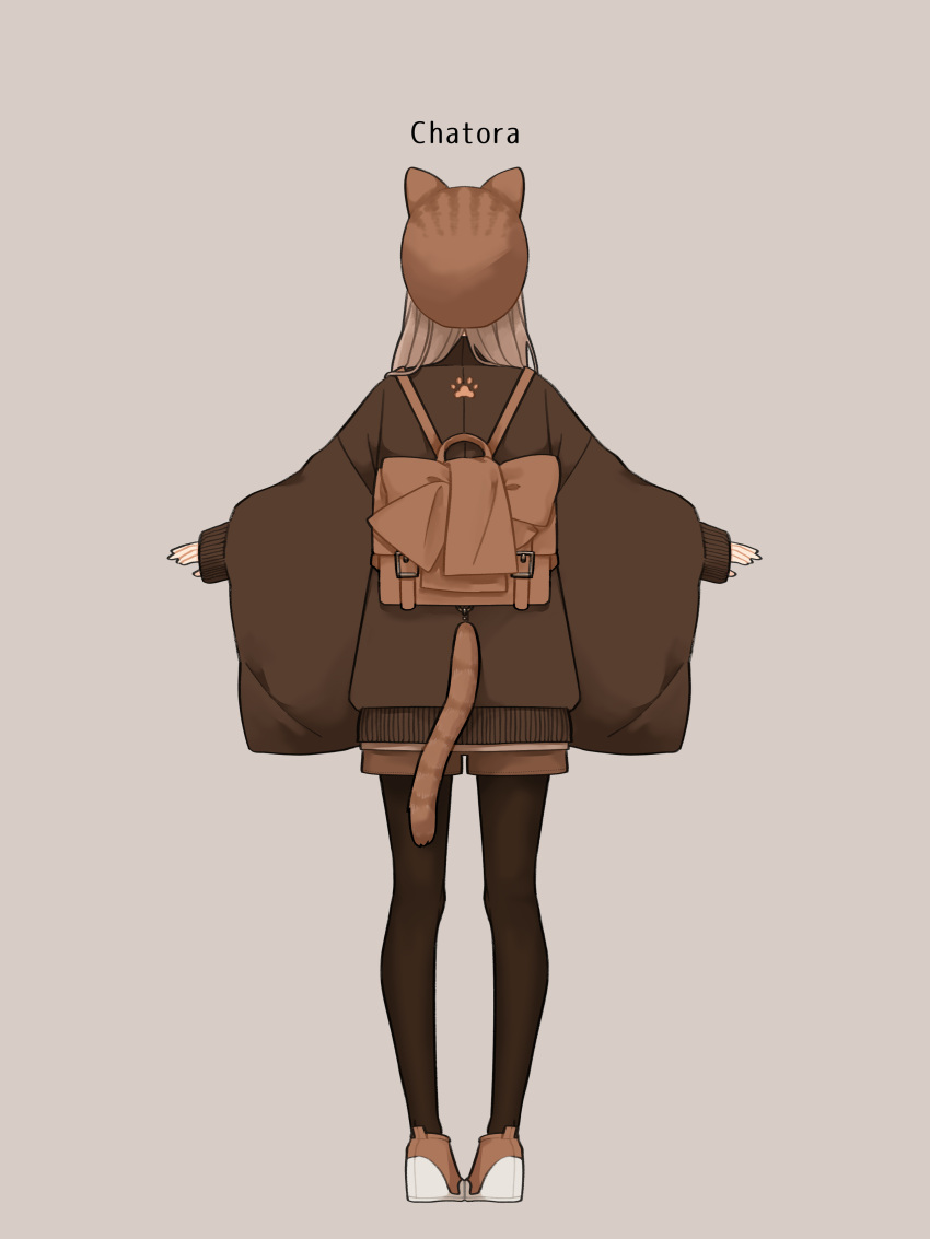 1girl absurdres animal_ears backpack bag bow briefcase brown_bow brown_coat brown_footwear brown_hair brown_headwear brown_legwear brown_shorts cat_ears cat_tail coat facing_away fake_animal_ears fake_tail fashion from_behind grey_background hanatsuki hat hat_with_ears highres legwear_under_shorts long_hair long_sleeves original outstretched_arms pantyhose paw_print shoes shorts simple_background solo standing tail