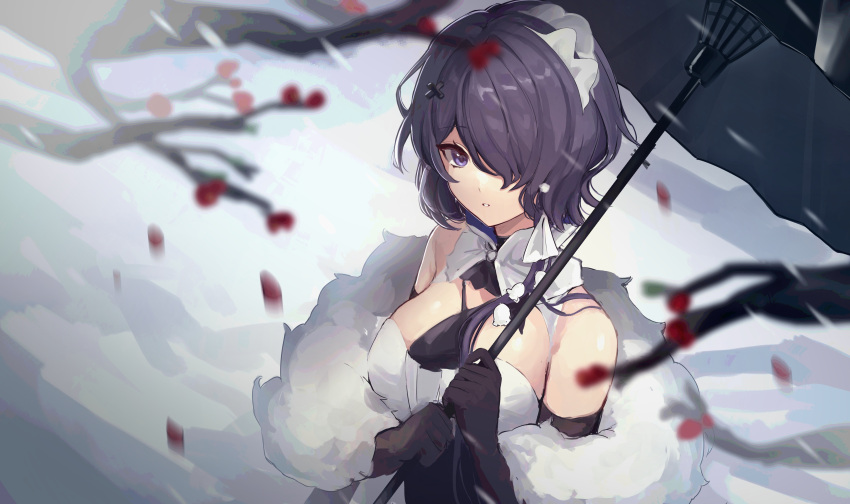 1girl absurdres arknights bangs bare_shoulders black_gloves breast_grab breasts flower gloves grabbing hair_flower hair_ornament hair_over_one_eye hairband highres holding holding_umbrella looking_at_viewer necktie oil-paper_umbrella short_hair solo uina umbrella upper_body whisperain_(arknights)