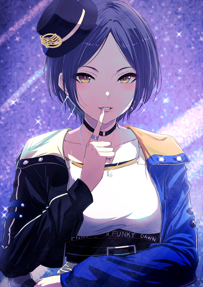 1girl absurdres breasts choker collarbone commentary_request cropped_jacket dark_blue_hair earrings finger_to_mouth fingernails hat hayami_kanade highres idolmaster idolmaster_cinderella_girls idolmaster_cinderella_girls_starlight_stage jewelry lips long_fingernails microphone misaki_nonaka ring short_hair solo upper_body yellow_eyes