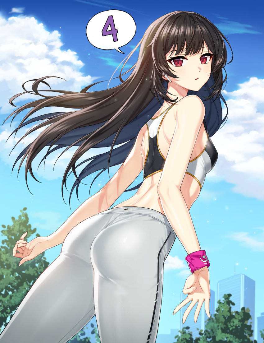 1girl absurdres ass back bangs bare_shoulders black_hair breasts building clouds cloudy_sky counter:side crescent floating_hair from_behind grey_pants highres leaning_forward long_hair looking_at_viewer looking_back medium_breasts numbered official_art outdoors pants parted_lips purple_wristband red_eyes shoulder_blades sidelocks sky skyscraper solo sports_bra sportswear track_pants tree wireless_earphones xiao_lin_(counter:side)
