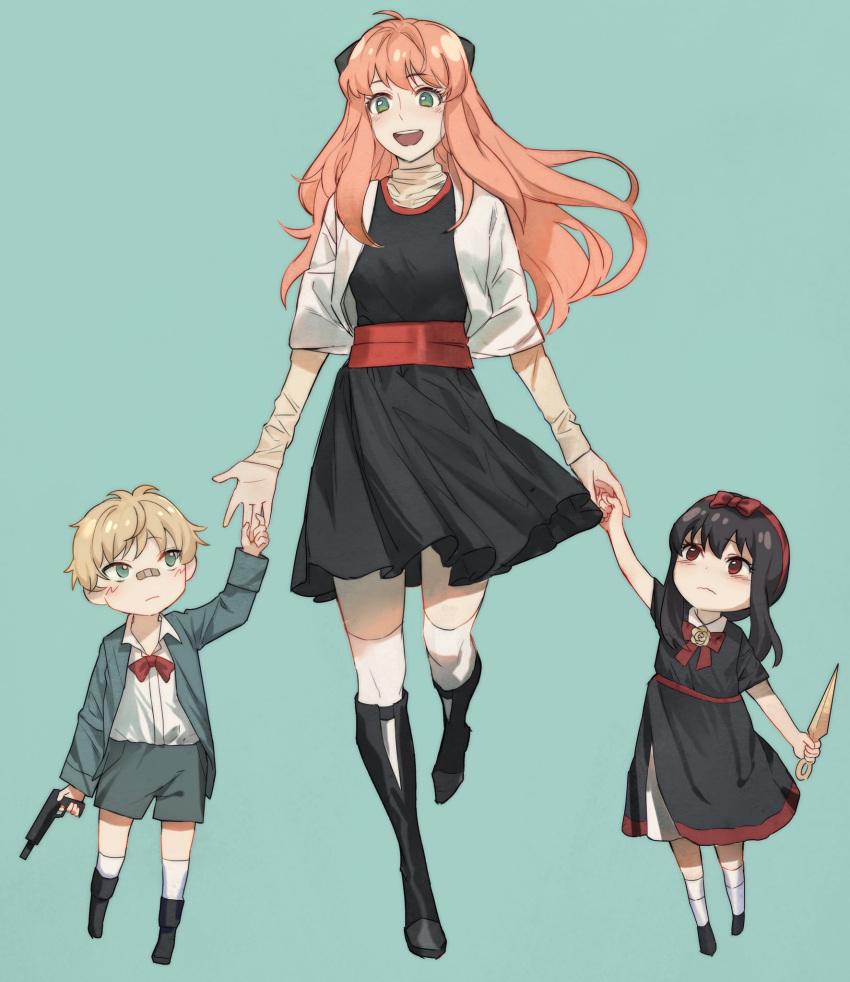 1boy 2girls anya_(spy_x_family) bandaid bandaid_on_face bandaid_on_nose black_hair blonde_hair boots dule_(anhaidule) finger_on_trigger highres holding_hands kunai long_hair multiple_girls older pink_hair role_reversal shoes short_hair shorts skirt socks spy_x_family toy_gun twilight_(spy_x_family) weapon yor_briar younger