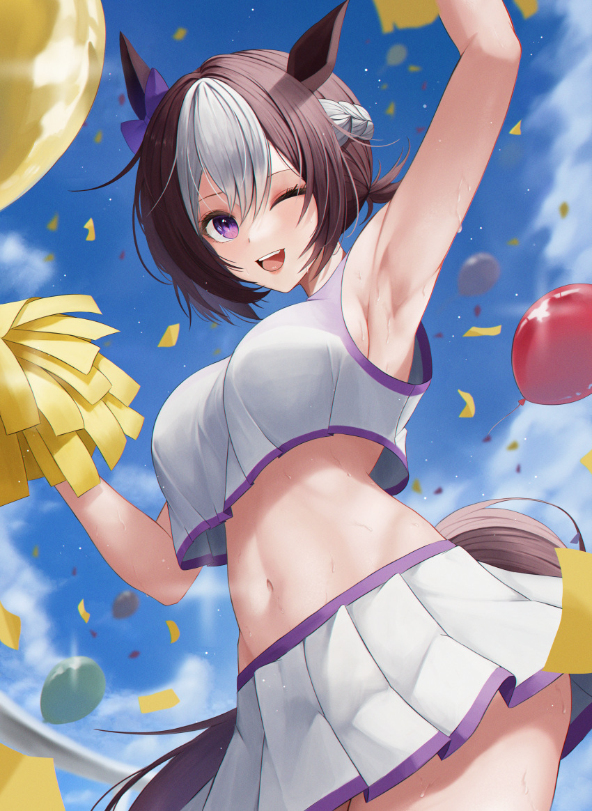 1girl ;d absurdres animal_ears arm_up armpits balloon bangs bare_shoulders blue_sky blush bow braid breasts brown_hair bsmage cheerleader clouds colored_skin confetti cowboy_shot cropped_legs day ear_bow english_commentary glint groin hair_between_eyes highres holding holding_pom_poms horse_ears horse_girl horse_tail looking_at_viewer medium_breasts midriff multicolored_hair navel one_eye_closed open_mouth outdoors pleated_skirt pom_pom_(cheerleading) purple_bow shirt short_hair sidelocks skirt sky sleeveless sleeveless_shirt smile solo special_week_(umamusume) standing sweat tail teeth two-tone_hair umamusume upper_teeth violet_eyes white_hair white_shirt white_skin