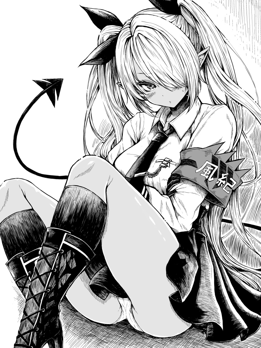 1girl absurdres armband bangs blue_archive blush boots breasts collared_shirt demon_tail feet_out_of_frame greyscale hair_over_one_eye hair_ribbon haruyukiko high_heel_boots high_heels highres iori_(blue_archive) knee_boots kneehighs long_hair long_sleeves monochrome necktie panties pantyshot pleated_skirt pointy_ears ribbon shirt sitting skirt solo tail tail_raised twintails underwear very_long_hair