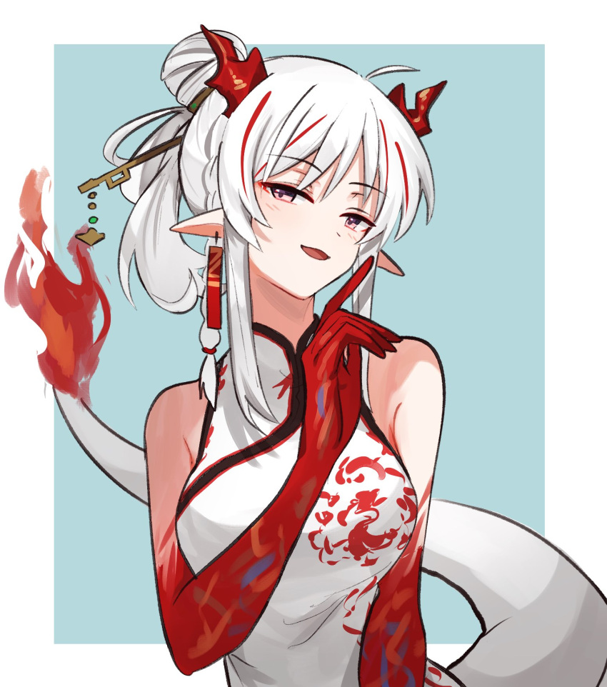 1girl :d arknights bangs bare_shoulders breasts china_dress chinese_clothes dress eyebrows_visible_through_hair flame-tipped_tail hair_ornament hair_stick hand_up highres horns long_hair mabing medium_breasts multicolored_hair nian_(arknights) nian_(unfettered_freedom)_(arknights) official_alternate_costume open_mouth ponytail redhead sidelocks silver_hair sleeveless sleeveless_dress smile solo streaked_hair tail upper_body violet_eyes white_dress