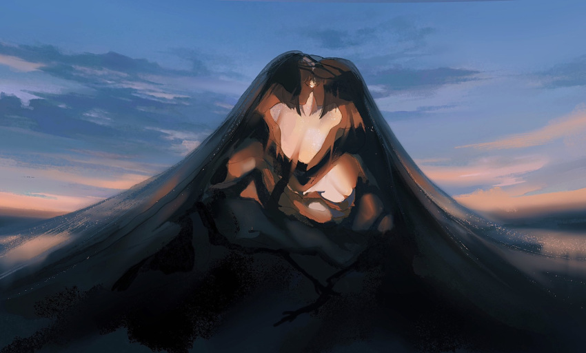 2girls bangs bob_cut closed_eyes clouds commentary couple english_commentary face-to-face from_side highres imminent_kiss inverted_bob multiple_girls original outdoors outstretched_arm profile see-through shared_blanket short_hair sitting sky twilight under_covers veil ye_(ran_chiiipye) yuri
