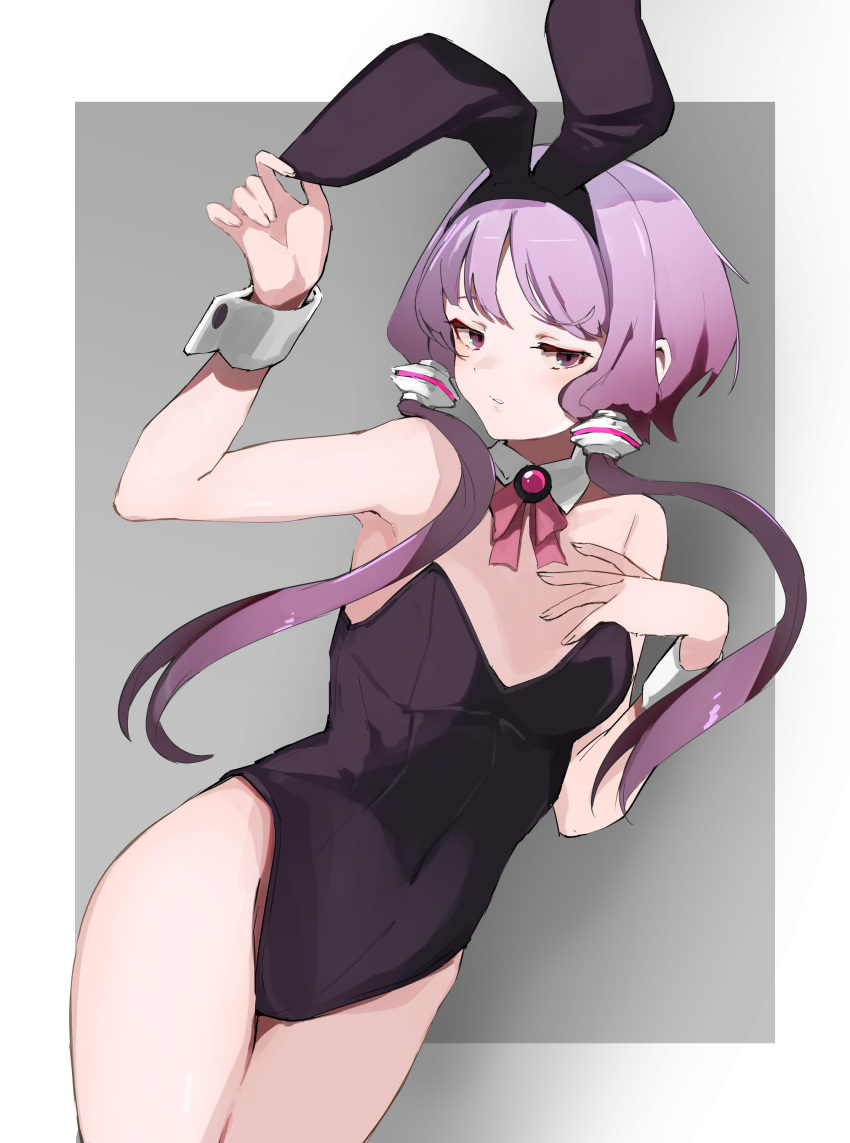 1girl absurdres animal_ears arm_up armpits bangs bare_legs breasts commentary detached_collar fake_animal_ears hand_on_own_chest highres looking_at_viewer low_twintails medium_breasts playboy_bunny purple_hair short_hair twintails violet_eyes vocaloid voiceroid wrist_cuffs yakata_tata yuzuki_yukari