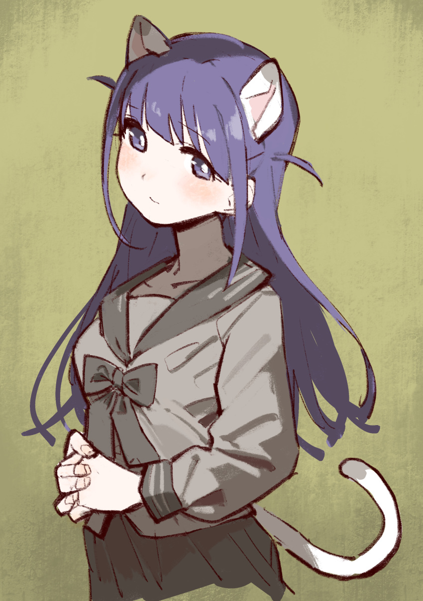 1girl absurdres animal_ears bangs black_skirt blunt_bangs blush bow bowtie bright_pupils cat_ears cat_girl cat_tail closed_mouth commentary_request cowboy_shot cropped_legs eyebrows_visible_through_hair goe_(g-o-e) grey_bow grey_bowtie grey_sailor_collar grey_shirt highres kemonomimi_mode long_hair long_sleeves looking_at_viewer own_hands_clasped own_hands_together pleated_skirt purple_hair sailor_collar school_uniform serafuku shirt shoujo_kageki_revue_starlight sidelocks skirt solo standing tail tsuyuzaki_mahiru two_side_up violet_eyes white_pupils yellow_background