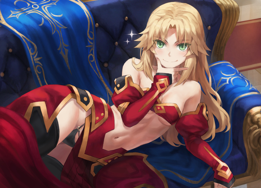1girl armor bandeau bangs bare_shoulders black_legwear blonde_hair breasts detached_collar detached_sleeves fate/apocrypha fate/grand_order fate_(series) faulds green_eyes highres long_hair looking_at_viewer lying mordred_(fate) mordred_(fate/apocrypha) navel on_side parted_bangs pelvic_curtain sidelocks small_breasts smile solo sparkle thigh-highs thighs tonee