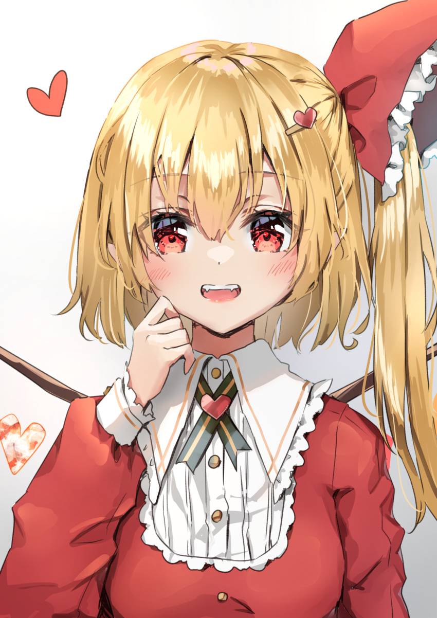1girl :d alternate_costume bangs blonde_hair blush bow brooch crystal eyebrows_visible_through_hair flandre_scarlet frilled_shirt_collar frills gradient gradient_background grey_background hair_between_eyes hair_ornament hairclip hand_up heart heart_hair_ornament highres holding jewelry long_hair long_sleeves looking_at_viewer no_hat no_headwear one_side_up open_mouth red_eyes red_vest shironeko_yuuki shirt simple_background smile solo touhou upper_body vest white_shirt wings