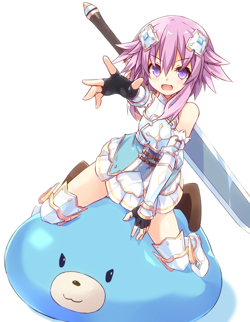 1girl absurdres armor armored_boots bare_shoulders black_gloves blush boots breastplate detached_sleeves fingerless_gloves four_goddesses_online:_cyber_dimension_neptune full_body gloves highres himajin_(starmine) looking_at_viewer medium_hair miniskirt neptune_(neptune_series) neptune_(series) open_mouth pleated_skirt polearm purple_hair riding sitting skirt solo sword violet_eyes weapon white_legwear white_skirt