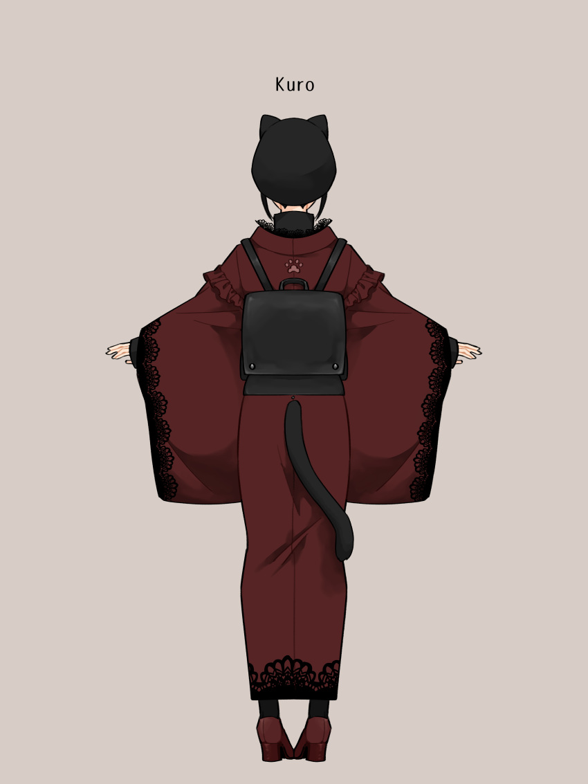 1girl absurdres animal_ears backpack bag black_headwear cat_ears cat_tail facing_away fake_animal_ears fake_tail fashion frills from_behind furisode grey_background hanatsuki hat hat_with_ears high_heels highres japanese_clothes kimono lace-trimmed_sleeves lace_trim long_sleeves original outstretched_arms paw_print red_footwear red_kimono shoes sidelocks simple_background solo standing tail