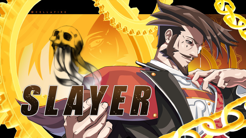 1boy absurdres beard brown_hair cellafire facial_hair fake_screenshot formal guilty_gear guilty_gear_strive highres looking_to_the_side male_focus monocle mustache necktie redesign skull slayer_(guilty_gear) smile solo vampire