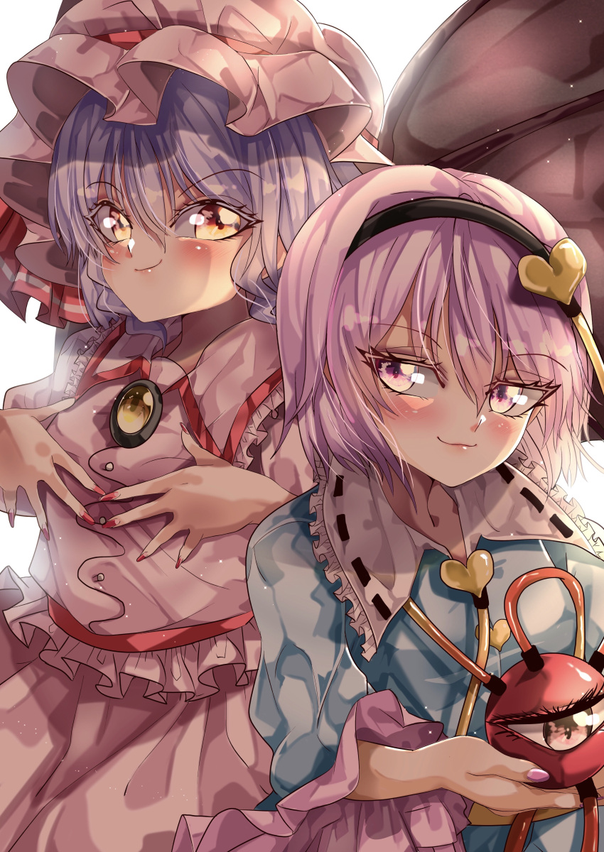 2girls absurdres backlighting bat_wings black_hairband blouse blue_blouse blush breasts brooch closed_mouth collared_shirt commentary_request eyeball eyebrows_visible_through_hair frilled_shirt frilled_shirt_collar frilled_sleeves frills hair_between_eyes hairband hands_on_own_chest hat hat_ribbon heart highres holding jewelry komeiji_satori long_sleeves maboroshi_mochi mob_cap multiple_girls nail_polish orange_eyes pink_eyes pink_hair pink_headwear pink_nails pink_shirt pink_skirt purple_hair red_nails red_ribbon remilia_scarlet ribbon shirt skirt small_breasts smile third_eye touhou wide_sleeves wings yellow_brooch