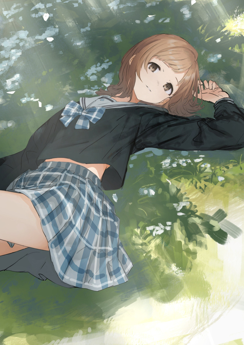 1girl absurdres awoilo black_blouse blouse blue_bow bow bowtie brown_eyes brown_hair grass highres idolmaster idolmaster_shiny_colors lying miniskirt on_back plaid plaid_bow plaid_skirt pleated_skirt puffy_sleeves sakuragi_mano school_uniform serafuku skirt