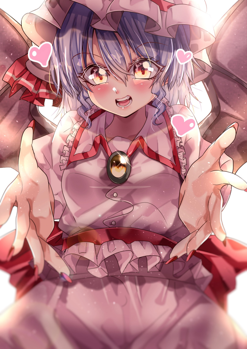 1girl absurdres back_bow bat_wings bow breasts brooch collared_shirt cowboy_shot eyebrows_visible_through_hair fingernails frilled_shirt frilled_shirt_collar frills hair_between_eyes hat hat_ribbon heart highres jewelry long_fingernails looking_at_viewer lower_teeth maboroshi_mochi mob_cap nail_polish open_mouth orange_brooch orange_eyes outstretched_arms outstretched_hand pink_headwear pink_shirt pink_skirt puffy_short_sleeves puffy_sleeves purple_hair red_bow red_nails red_ribbon remilia_scarlet ribbon shirt short_hair short_sleeves skirt small_breasts solo teeth touhou upper_teeth wings