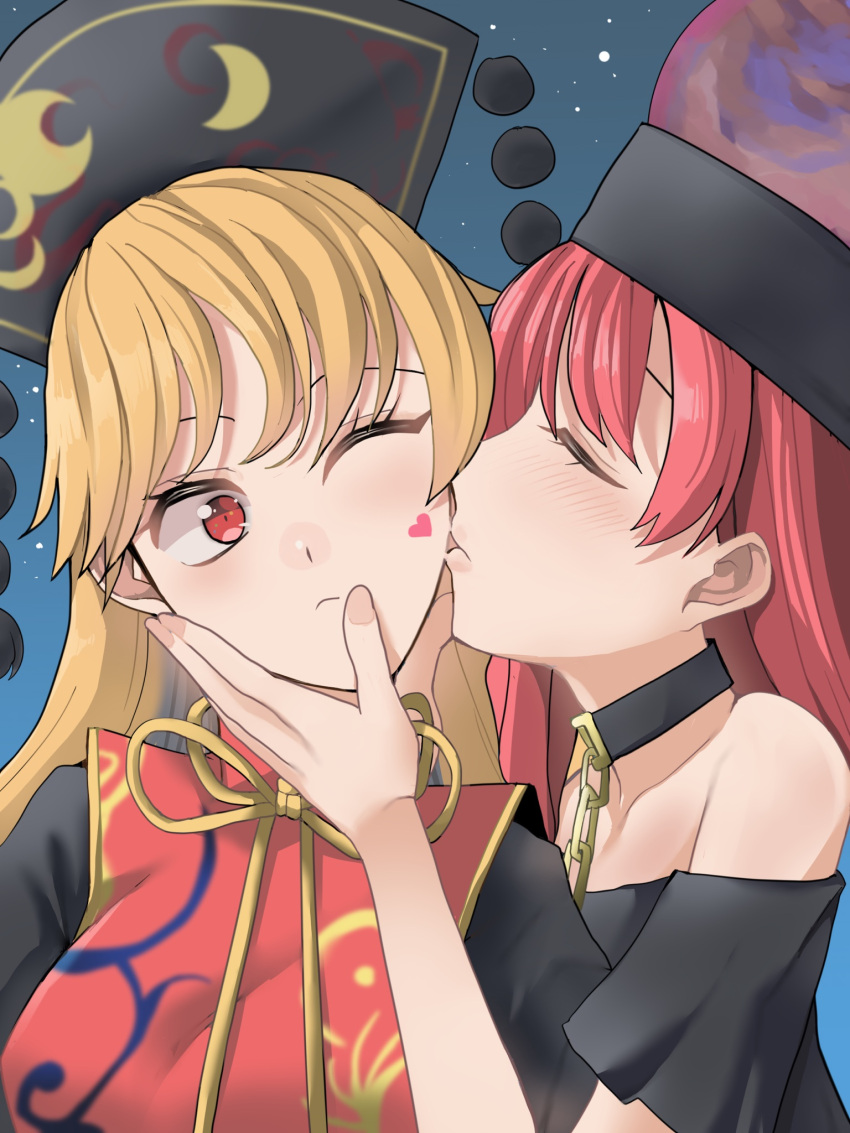 2girls black_collar black_dress black_shirt blonde_hair chain chinese_clothes closed_eyes closed_mouth collar commentary_request crescent dress gold_chain hand_on_another's_chin heart hecatia_lapislazuli highres junko_(touhou) kiss kissing_cheek long_hair looking_at_another medium_hair multiple_girls off-shoulder_shirt off_shoulder one_eye_closed orange_hair orange_tabard phoenix_crown polos_crown redhead sei_(kaien_kien) shirt short_sleeves tabard touhou upper_body yuri