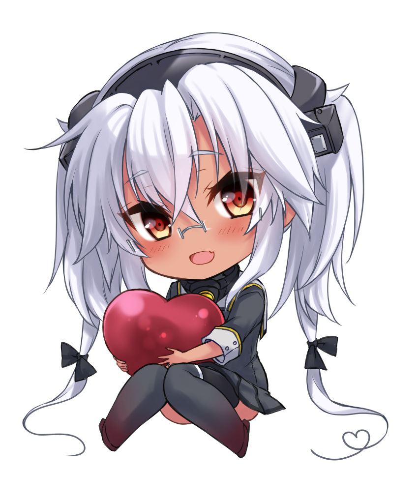 1girl absurdres black_skirt brown_eyes chibi dark-skinned_female dark_skin fang glasses grey-framed_eyewear headgear highres kantai_collection long_hair mashiro_yukiya miniskirt musashi_(kancolle) musashi_kai_ni_(kancolle) pleated_skirt rectangular_eyewear semi-rimless_eyewear sitting skin_fang skirt solo thigh-highs twintails very_long_hair white_hair