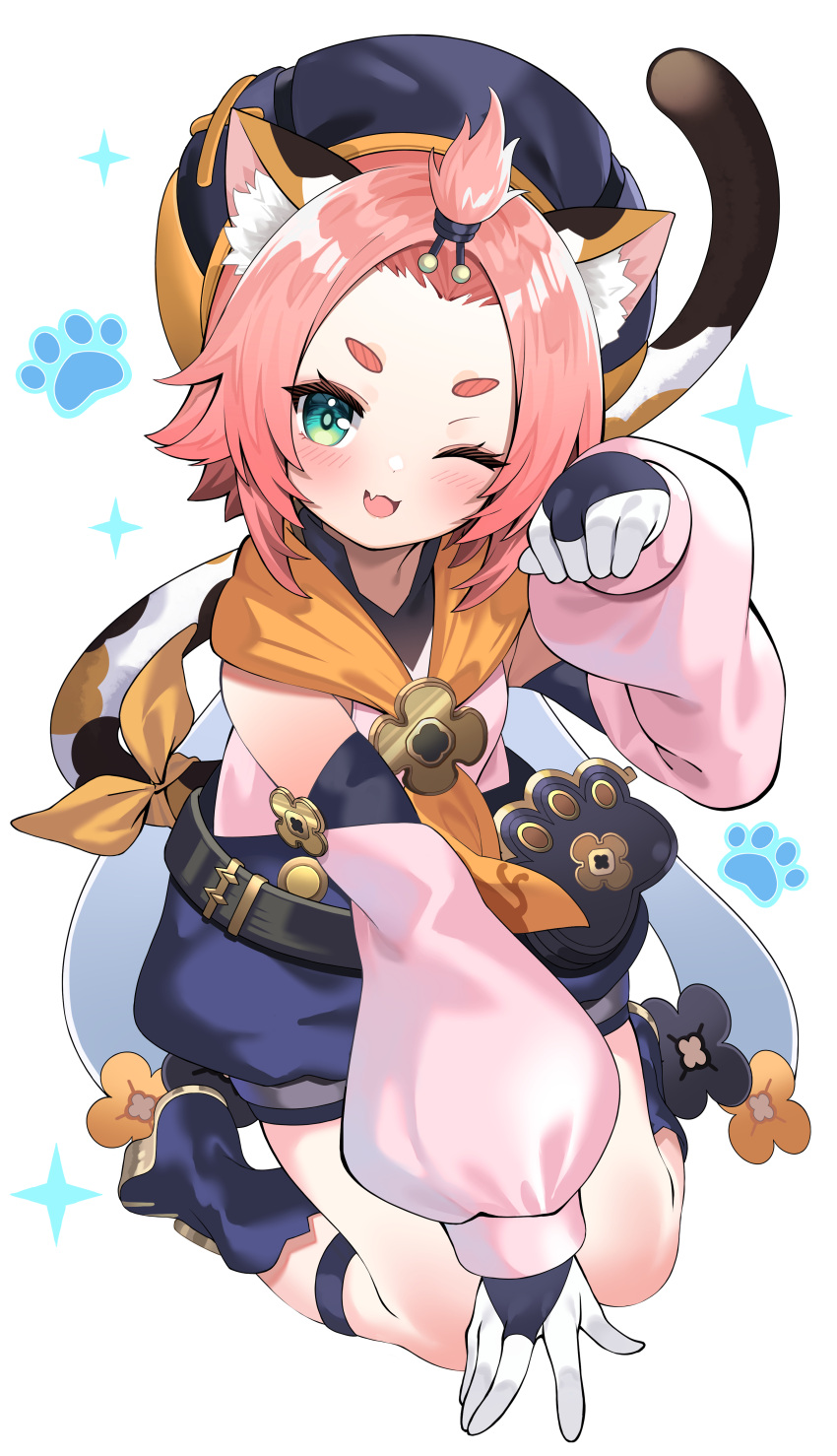 1girl :3 absurdres animal_ear_fluff animal_ears aqua_eyes bangs_pinned_back blush boots cat_ears cat_girl cat_tail commentary detached_sleeves diona_(genshin_impact) fang genshin_impact hat highres kneeling looking_at_viewer one_eye_closed parted_lips paw_pose paw_print pink_hair short_hair shorts simple_background solo sparkle tail yuujin_(yuzinn333)