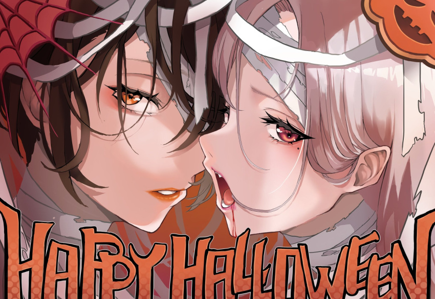 2girls akechi_(akechi_5416) bandages bangs blood blood_from_mouth brown_hair eyeshadow fang from_side hair_behind_ear happy_halloween highres long_hair looking_to_the_side makeup mole mole_under_eye multiple_girls mummy_costume nijisanji one_eye_covered orange_eyeshadow shirayuki_tomoe short_hair sukoya_kana virtual_youtuber