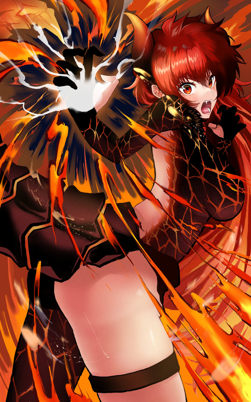 1girl absurdres akechi_(akechi_5416) black_gloves breasts dola_(nijisanji) dragon_girl dragon_horns dragon_tail fangs fire gloves hair_behind_ear highres horns long_hair medium_breasts nijisanji partially_fingerless_gloves red_eyes redhead skindentation solo tail thigh_strap very_long_hair virtual_youtuber