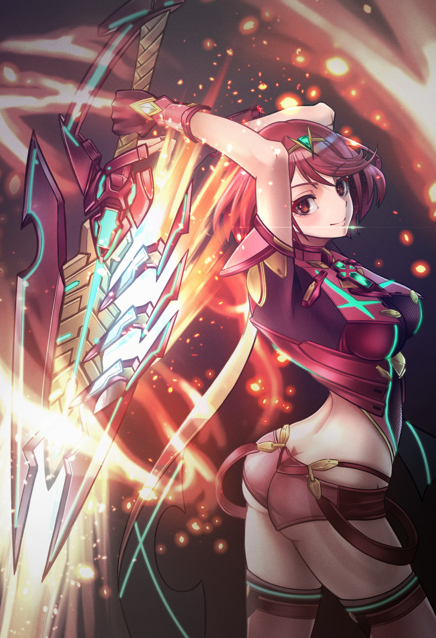 1girl absurdres aegis_sword_(xenoblade) bangs black_gloves breasts chest_jewel earrings fingerless_gloves gem gloves headpiece highres jewelry large_breasts mdxd2454 pyra_(xenoblade) red_eyes red_legwear red_shorts redhead short_hair short_shorts shorts solo swept_bangs sword thigh-highs tiara weapon xenoblade_chronicles_(series) xenoblade_chronicles_2