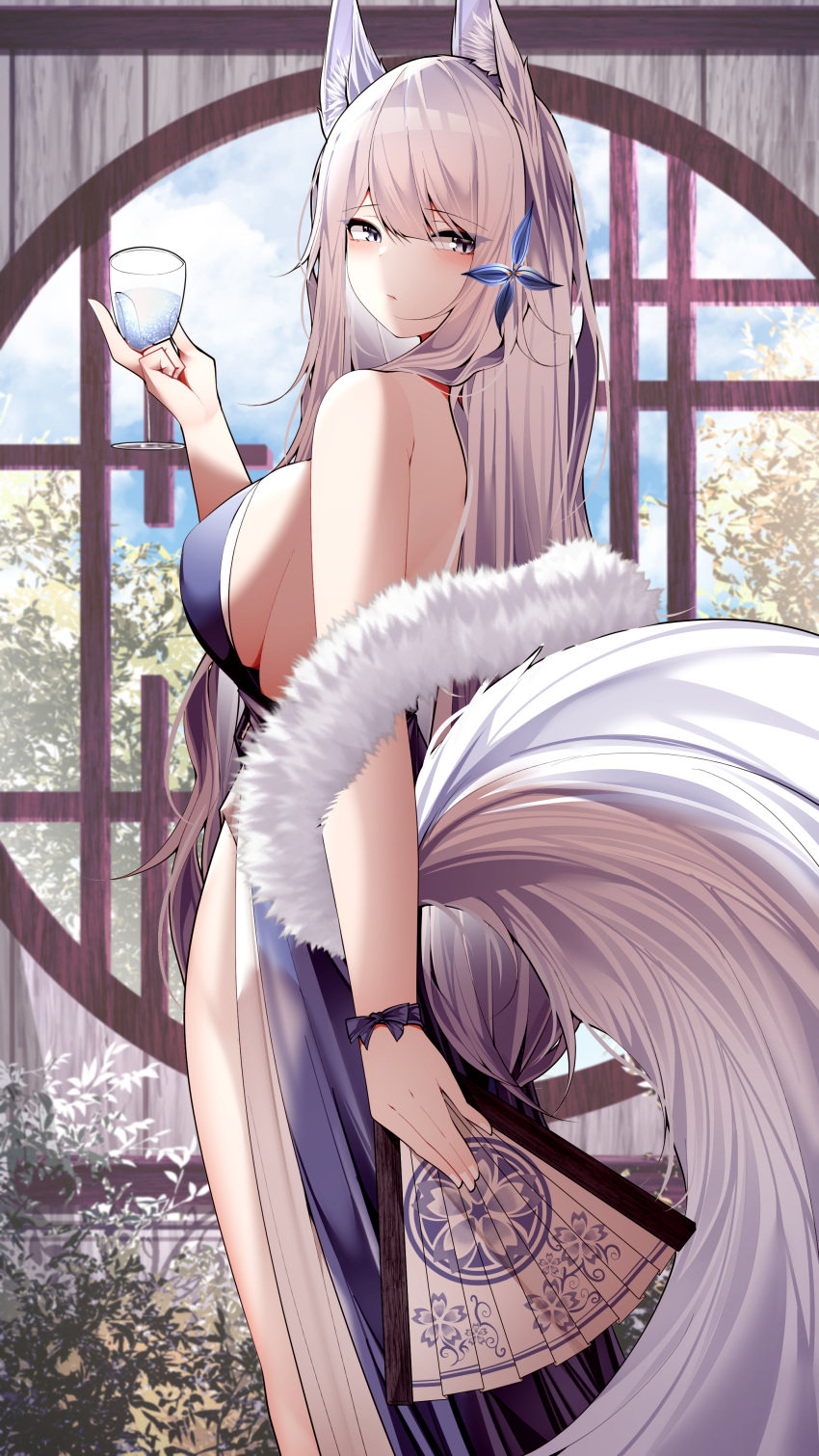 1girl absurdres animal_ear_fluff animal_ears azur_lane bangs bare_shoulders black_dress black_ribbon blue_flower blush breasts brown_eyes closed_mouth cup dress drinking_glass eyebrows_visible_through_hair feet_out_of_frame flower folding_fan fox_ears fox_girl fox_tail from_behind fur_shawl hair_flower hair_ornament hand_fan highres holding holding_cup holding_fan indoors large_breasts large_tail long_hair looking_at_viewer looking_back pelvic_curtain ribbon round_window samip shinano_(azur_lane) sideboob silver_hair solo standing tail very_long_hair window wrist_ribbon