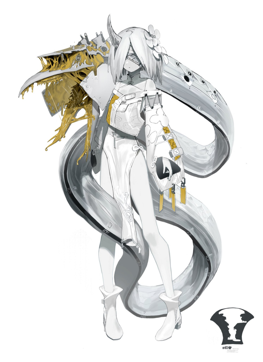 1girl ankle_boots arms_at_sides blindfold boots colored_skin commentary_request expressionless flower full_body hair_flower hair_ornament highres horns original pelvic_curtain pigeon-toed single_horn solo standing tail tail_mouth toriseka very_long_tail white_background white_skin