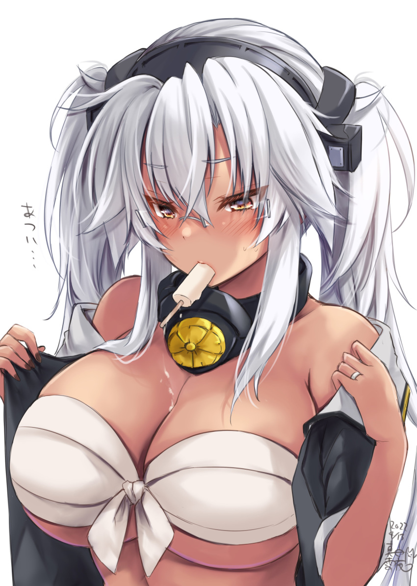 1girl absurdres black_nails breasts brown_eyes dark-skinned_female dark_skin dated eyebrows_visible_through_hair food glasses gradient_nails grey-framed_eyewear grey_nails grey_shirt hair_between_eyes headgear highres hot jewelry kantai_collection large_breasts light_brown_hair mashiro_yukiya musashi_(kancolle) open_clothes platinum_blonde_hair pointy_hair popsicle rectangular_eyewear rimless_eyewear ring sakuramon sarashi semi-rimless_eyewear shirt short_hair_with_long_locks short_sleeves solo two_side_up upper_body wedding_band