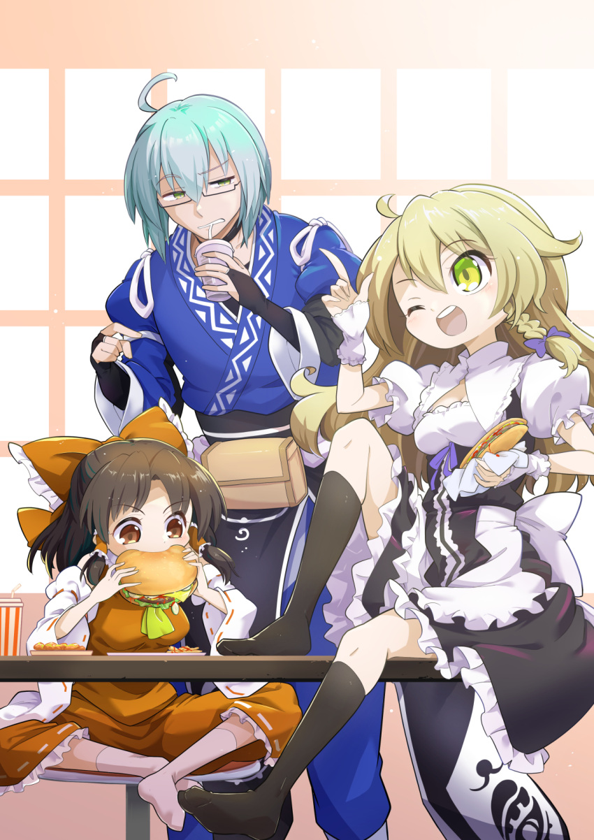 1boy 2girls black_legwear blonde_hair brown_hair burger cup drinking drinking_straw eating fast_food food futa_(nabezoko) glasses hakurei_reimu highres kirisame_marisa long_hair looking_at_another morichika_rinnosuke multiple_girls sandwich short_hair touhou white_hair white_legwear