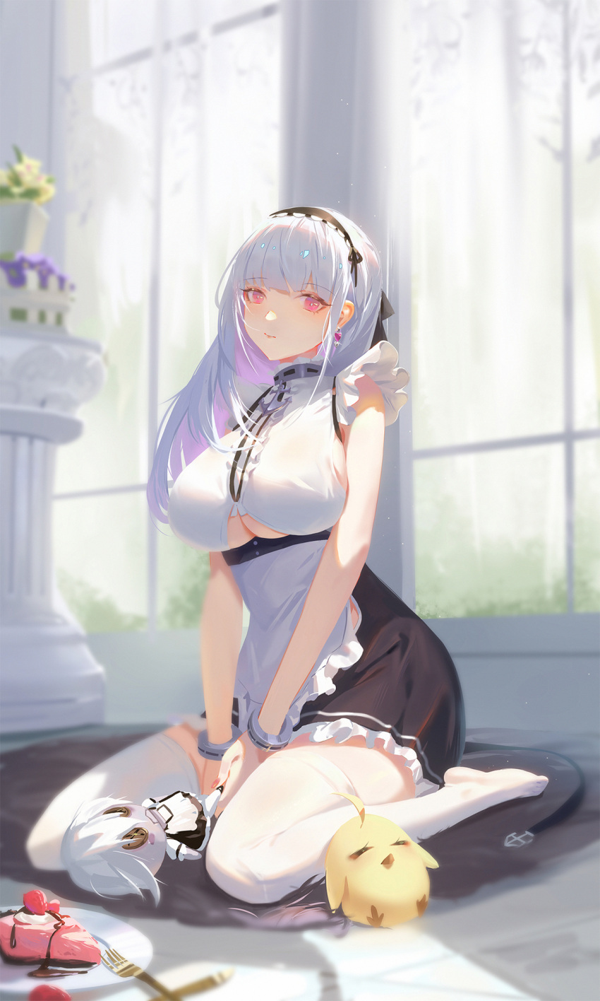 1girl anchor_ornament apron azur_lane bangs bare_shoulders black_hairband black_skirt blunt_bangs bracelet breasts cake cake_slice carpet character_doll closed_mouth clothing_cutout collar creature dido_(azur_lane) earrings eyebrows_visible_through_hair food fork frilled_skirt frills full_body hairband high-waist_skirt highres indoors jewelry knife large_breasts long_hair looking_at_viewer manjuu_(azur_lane) on_floor pink_eyes plate sansan_(dongfangzhong111) shirt silver_hair sitting skirt sleeveless sleeveless_shirt solo_focus thigh-highs under_boob underboob_cutout waist_apron wariza white_apron white_legwear white_shirt window