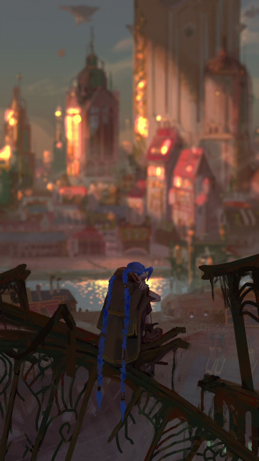 1girl arcane:_league_of_legends blue_hair blurry blurry_background boots braid brown_footwear brown_jacket building evening from_behind hair_ornament highres jacket jacket_on_shoulders jinx_(league_of_legends) lake league_of_legends long_hair quiet_victories sad scenery sitting solo tower town twin_braids very_long_hair wide_shot