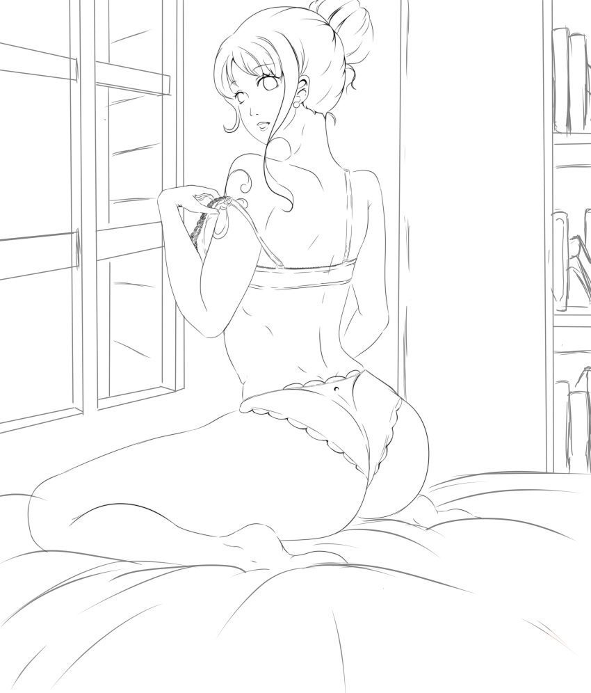 1girl absurdres ass bare_shoulders bookshelf breasts eyebrows_visible_through_hair feet highres large_breasts lineart lingerie looking_at_viewer nami_(one_piece) non-web_source one_piece removing_bra solo tattoo thighs underwear window