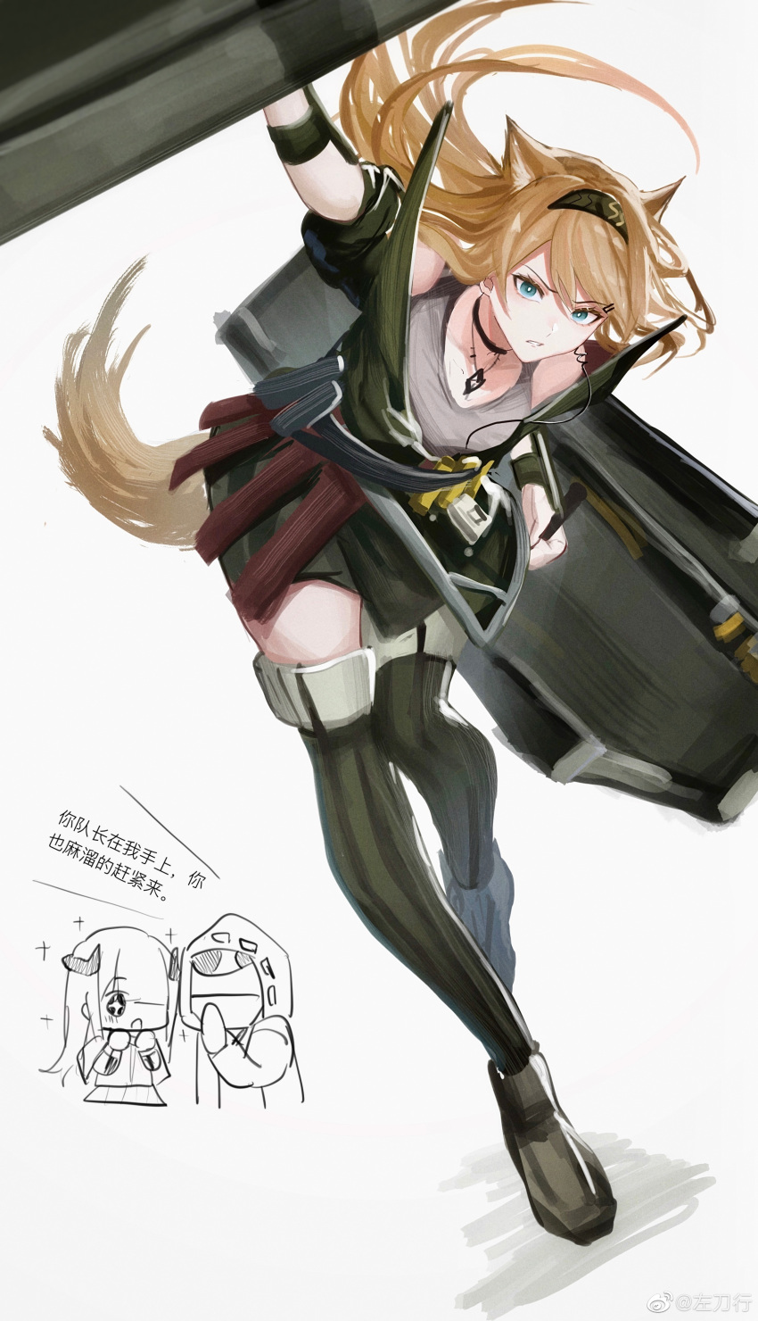 1other 2girls absurdres animal_ears arknights bagpipe_(arknights) bangs black_choker black_footwear black_hairband blue_eyes brown_hair chinese_commentary choker commentary_request doctor_(arknights) eyebrows_visible_through_hair floating_hair green_jacket grey_background grey_tank_top hairband highres horn_(arknights) jacket jewelry long_hair looking_at_viewer multiple_girls necklace parted_lips shoes simple_background tail tank_top thigh-highs translation_request wolf_ears wolf_tail zuo_daoxing