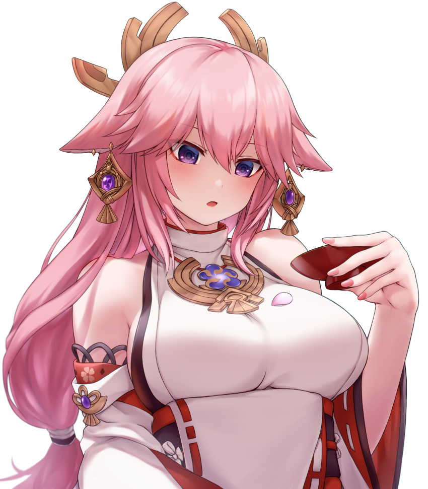 1girl :o animal_ears bangs bare_shoulders blush breasts cherry_blossoms chien_zero commentary cup detached_sleeves earrings eyebrows_visible_through_hair eyes_visible_through_hair floppy_ears fox_ears genshin_impact hair_between_eyes highres holding holding_cup japanese_clothes jewelry long_hair looking_down low-tied_long_hair medium_breasts nail_polish necklace nontraditional_miko pink_hair pink_nails sakazuki shiny shiny_hair shirt sidelocks simple_background sleeveless sleeveless_shirt solo turtleneck upper_body violet_eyes vision_(genshin_impact) white_background white_shirt wide_sleeves yae_miko