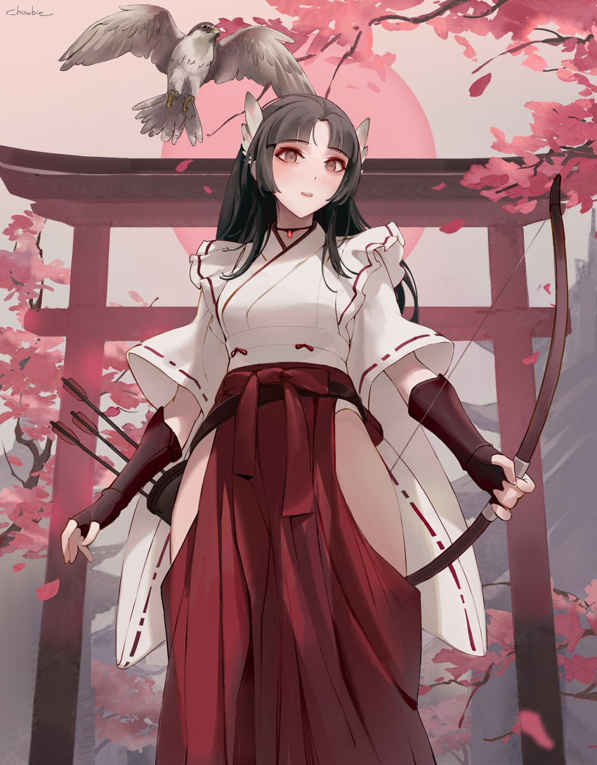1girl arrow_(projectile) artist_name bangs bird black_hair blunt_bangs bow_(weapon) choker chowbie commentary english_commentary feather_hair_ornament feathers fingerless_gloves gloves hair_ornament hakama hakama_skirt hawk highres hip_vent holding holding_bow_(weapon) holding_weapon japanese_clothes long_hair looking_at_viewer miko nontraditional_miko original outdoors petals quiver red_hakama ribbon-trimmed_sleeves ribbon_trim signature skirt solo torii tree weapon