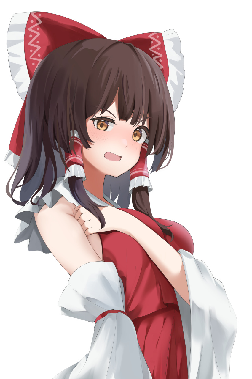 1girl 258n absurdres bangs bare_shoulders blush bow breasts brown_eyes brown_hair collared_dress detached_sleeves dress eyebrows_visible_through_hair frills hair_ornament hair_tubes hakurei_reimu hand_on_own_chest hand_up highres long_sleeves looking_at_viewer medium_breasts open_mouth red_bow red_dress short_hair simple_background solo standing teeth touhou v-shaped_eyebrows white_background wide_sleeves