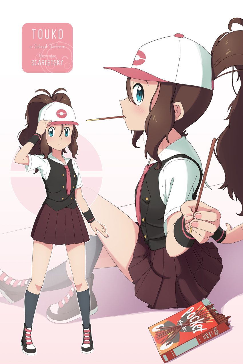 1girl absurdres alternate_costume antenna_hair arm_support artist_name bangs baseball_cap black_vest blue_eyes blush boots brown_hair brown_skirt buttons character_name closed_mouth commentary food grey_legwear hair_between_eyes hat high_ponytail highres hilda_(pokemon) holding incoming_food kneehighs knees legs_apart long_hair mouth_hold multiple_views necktie pink_necktie pleated_skirt pocky pocky_in_mouth poke_ball_print pokemon pokemon_(game) pokemon_bw scarletsky school_uniform shirt sidelocks skirt standing vest white_shirt wristband