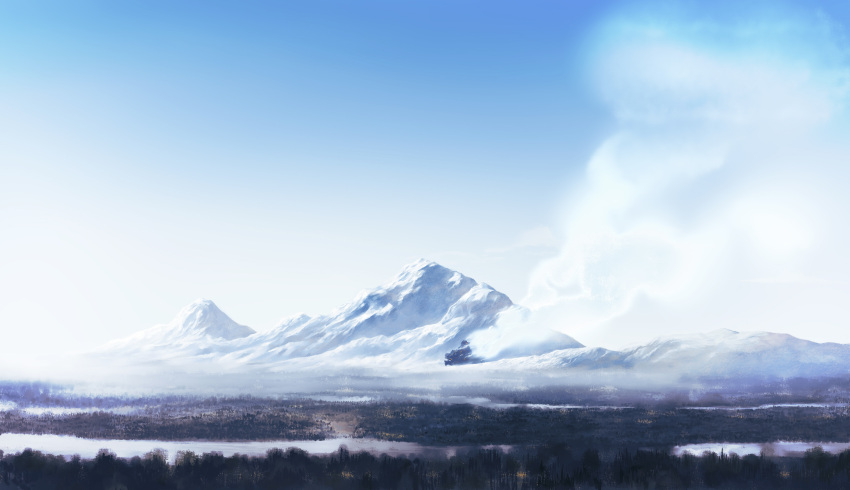 commentary_request forest highres lake monster_hunter:_world monster_hunter_(series) mountain mountainous_horizon nature no_humans outdoors scenery sky sky_focus smoke yan_wan