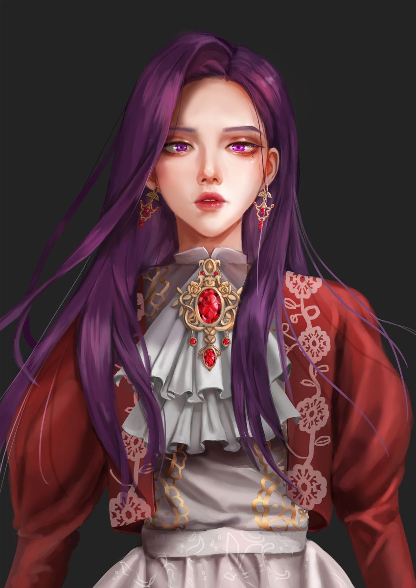 1girl absurdres artist_request ascot bad_id bad_pixiv_id dress earrings gem grey_background highres jewelry long_hair long_sleeves looking_at_viewer medea_solon puffy_long_sleeves puffy_sleeves purple_hair red_gemstone solo violet_eyes your_throne