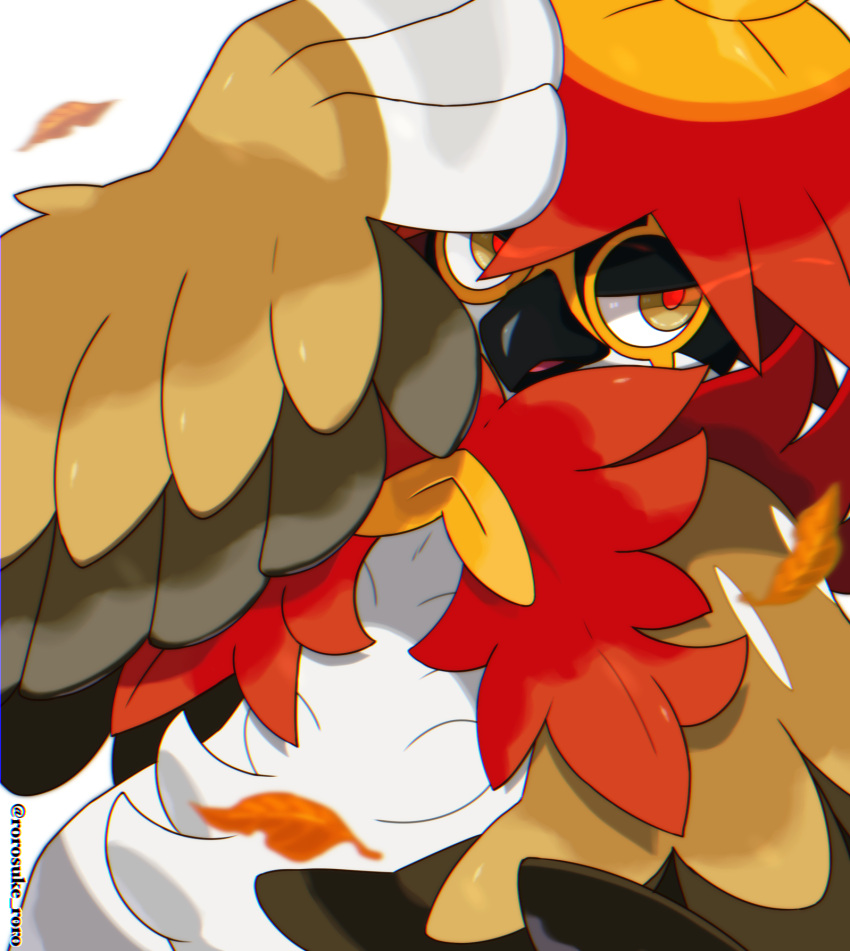 animal_focus bird blurry brown_eyes commentary_request highres hisuian_decidueye leaf leaves_in_wind open_mouth owl pokemon pokemon_(creature) red_pupils rorosuke solo white_fur