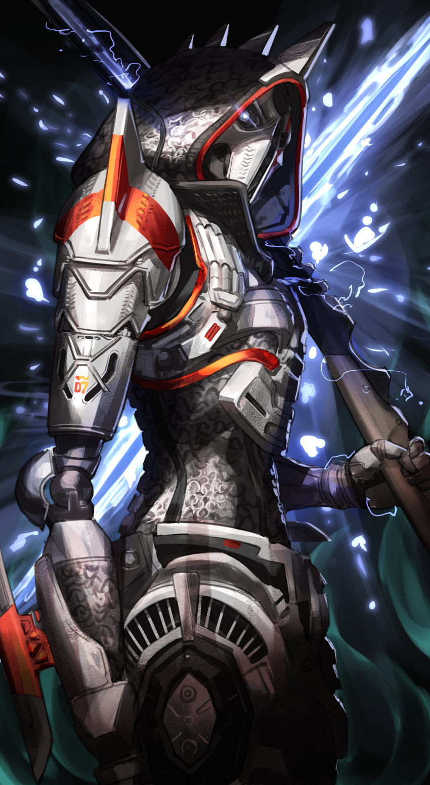 1girl absurdres apex_legends ash_(titanfall_2) black_background blue_eyes chain_of_command_ash from_side glowing glowing_eye highres holding holding_sword holding_weapon humanoid_robot looking_at_viewer nemoto_yuuma no_humans official_alternate_costume over_shoulder portal_(object) science_fiction simulacrum_(titanfall) solo sword weapon weapon_over_shoulder