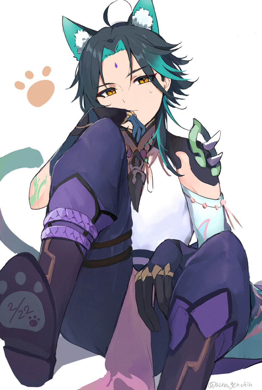 1boy absurdres animal_ear_fluff animal_ears aqua_hair arm_tattoo azna bead_necklace beads black_hair cat_boy cat_ears cat_tail closed_mouth facial_mark forehead_mark genshin_impact gloves gradient_hair highres jewelry male_focus multicolored_hair necklace paw_print simple_background sitting solo sweat tail tassel tattoo twitter_username white_background xiao_(genshin_impact) yellow_eyes