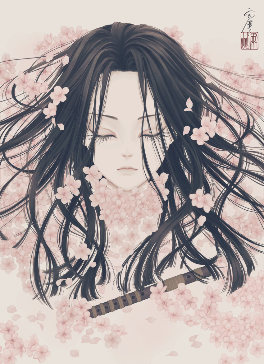 1boy androgynous artist_name black_hair cherry_blossoms closed_eyes closed_mouth commentary expressionless eyelashes facing_viewer floating_hair flower flute forehead heike_monogatari highres instrument long_hair male_focus original parted_hair petals pink_flower portrait seal_impression signature solo ushiyama_ame white_background