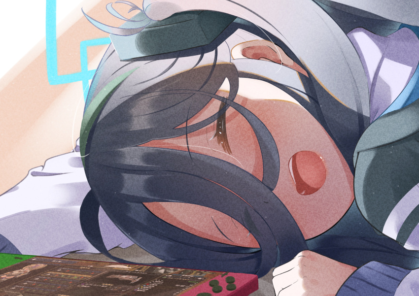 1girl absurdres arisu_(blue_archive) black_hair blue_archive blush closed_eyes controller eyebrows_visible_through_hair game_controller hair_between_eyes highres jacket joy-con long_hair nintendo_switch open_mouth rindou_ringdong sleeping solo teeth