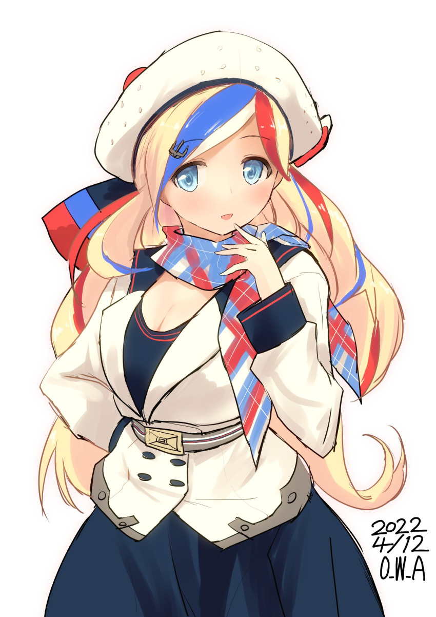 1girl artist_name bangs beret blonde_hair blue_dress blue_eyes blue_hair buttons commandant_teste_(kancolle) dated double-breasted dress hat highres jacket kantai_collection long_hair looking_at_viewer multicolored_clothes multicolored_hair multicolored_scarf one-hour_drawing_challenge owa_(ishtail) plaid plaid_scarf pom_pom_(clothes) redhead scarf simple_background solo streaked_hair swept_bangs wavy_hair white_background white_hair