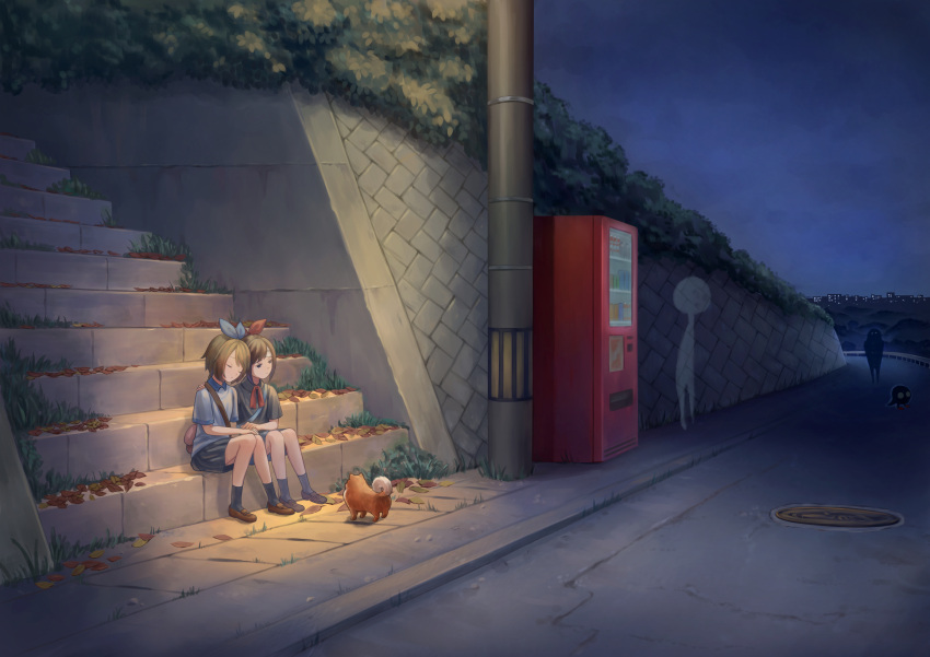 2girls absurdres animal ashitana autumn_leaves bag blue_ribbon brown_hair closed_eyes collared_shirt commentary_request creature dog full_body hair_ribbon haru_(yomawari) highres holding_hands horizon lamppost loafers manhole_cover multiple_girls neck_ribbon night outdoors red_ribbon ribbon road shin_yomawari shirt shoes short_hair short_sleeves shoulder_bag sitting skirt sky socks spirit stairs street tearing_up utility_pole vending_machine yomawari_(series) yui_(yomawari)