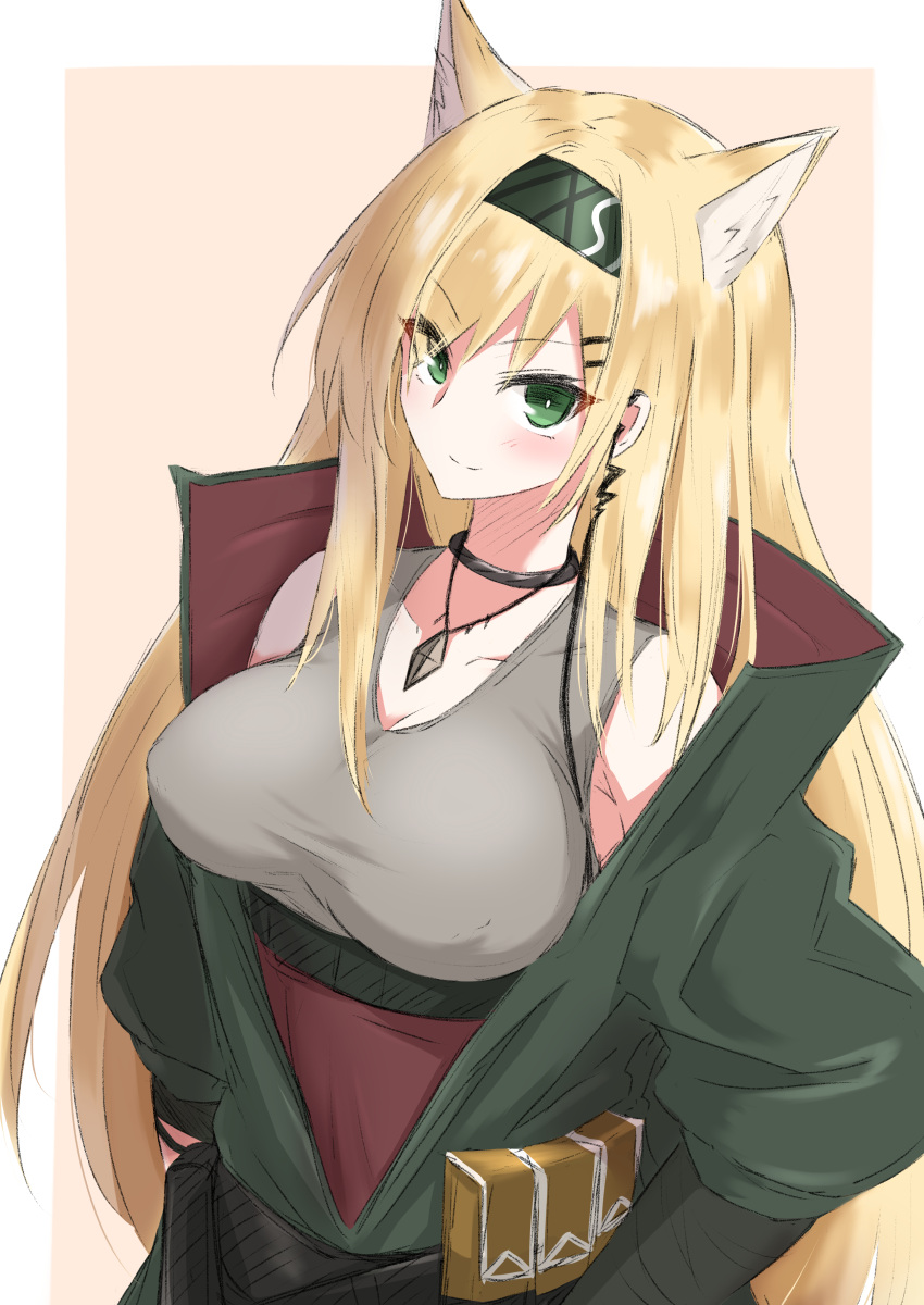 1girl absurdres animal_ears arknights bangs black_hairband blonde_hair commentary_request eyebrows_visible_through_hair green_eyes green_jacket grey_tank_top hair_ornament hairband hairclip highres horn_(arknights) jacket long_hair looking_at_viewer maiq06 pouch simple_background smile solo tank_top upper_body wolf_ears